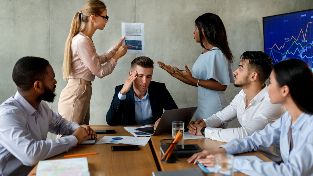 3 images related to managing conflict in the workplace using emotional intelligence. An older couple with hands on head, a woman in a blue jumper screaming and a group of people in desagreement. 