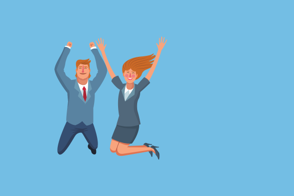 This picture is on a blue background with male and female workers jumping for joy.