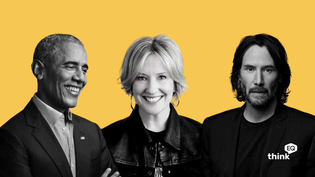 This is a graphic set on a yellow background depicting black and white images of president barack obama, researcher Dr Brene Brown and actor Keanu Reeves. 